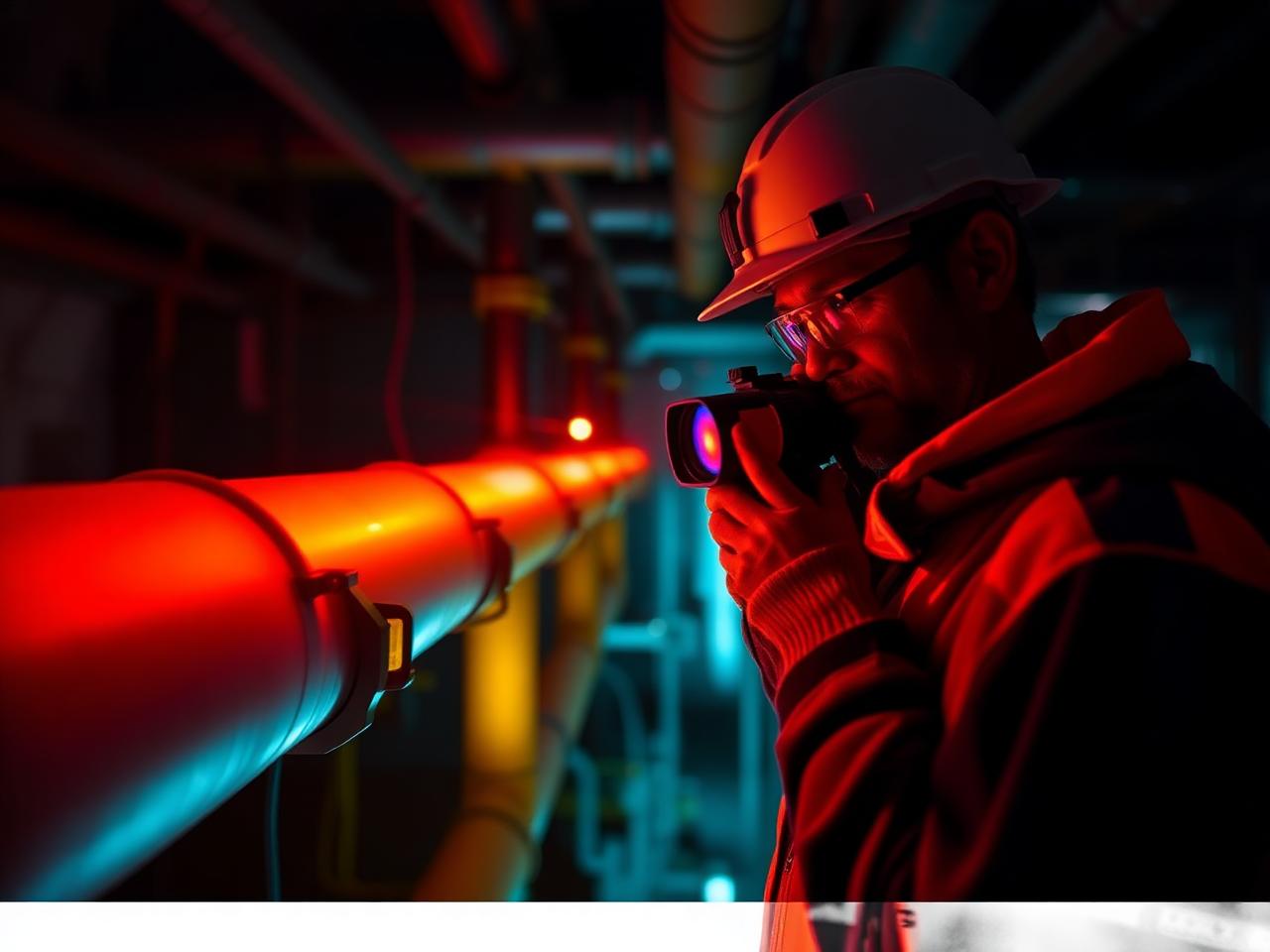 Engineer using optical gas imaging camera on facility